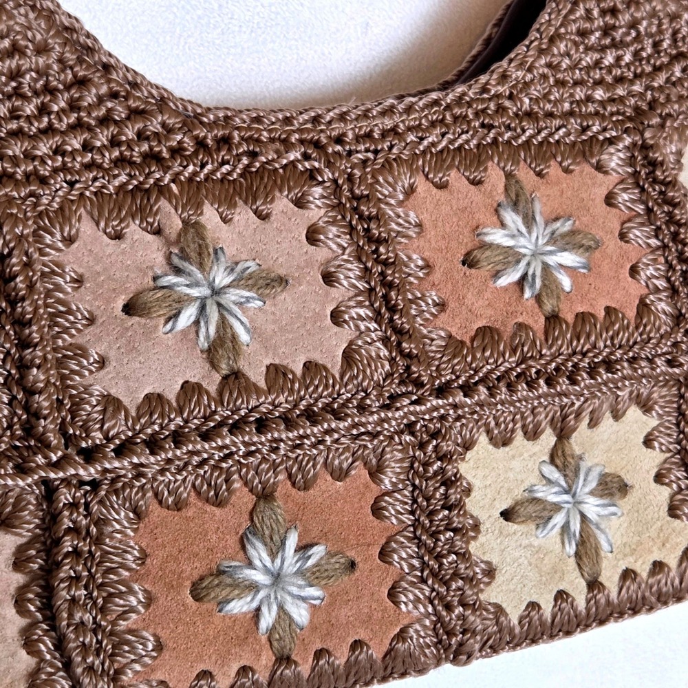 Y2K The Sak Vintage Patchwork Leather Crochet Shoulder Bag Brown Floral Boho - Picture 5 of 10